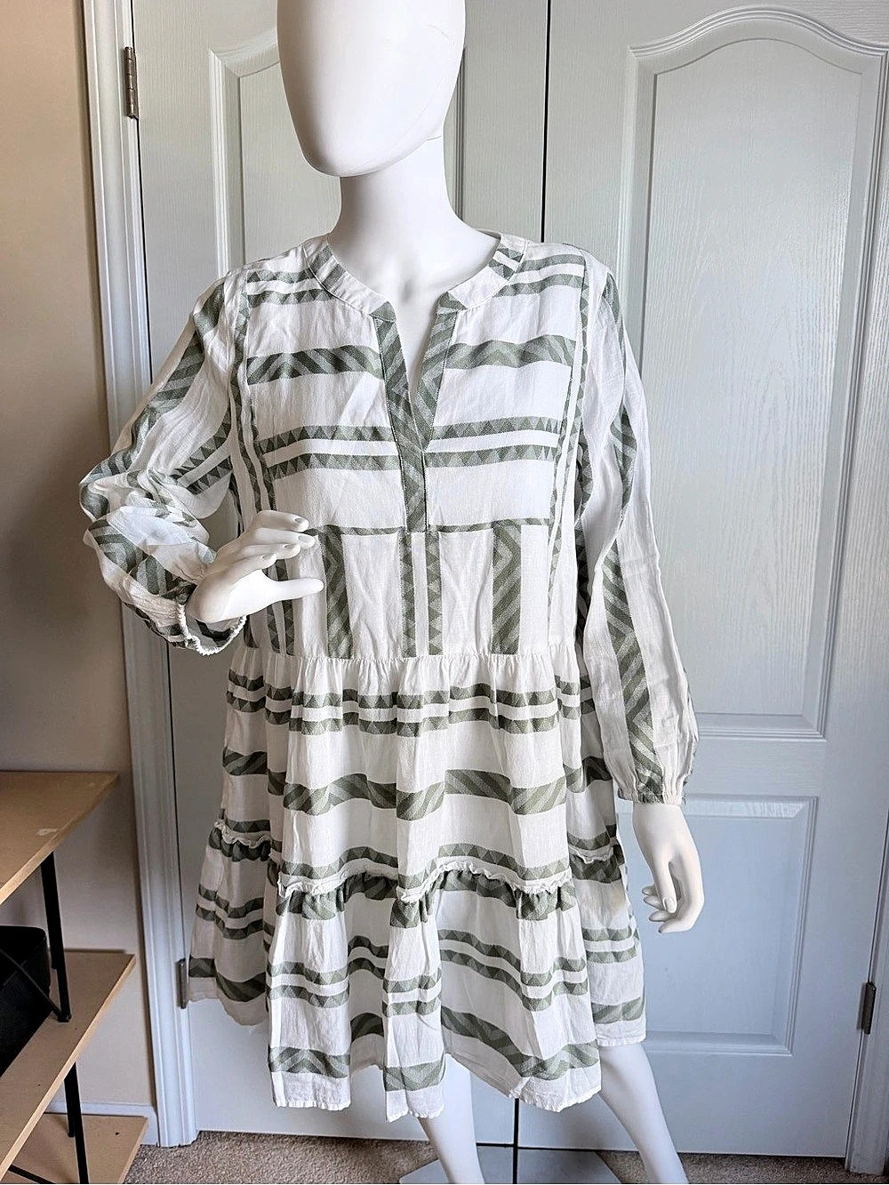 New Vineyard Vines Tiered Breezy Geometric Mini Dress in Green & White Size L